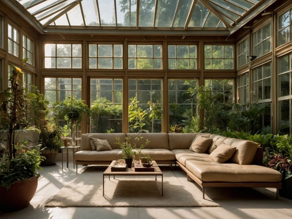 A sunlit sunroom with a large beige sectional sofa surrounded by various green plants, creating a serene and relaxing atmosphere.