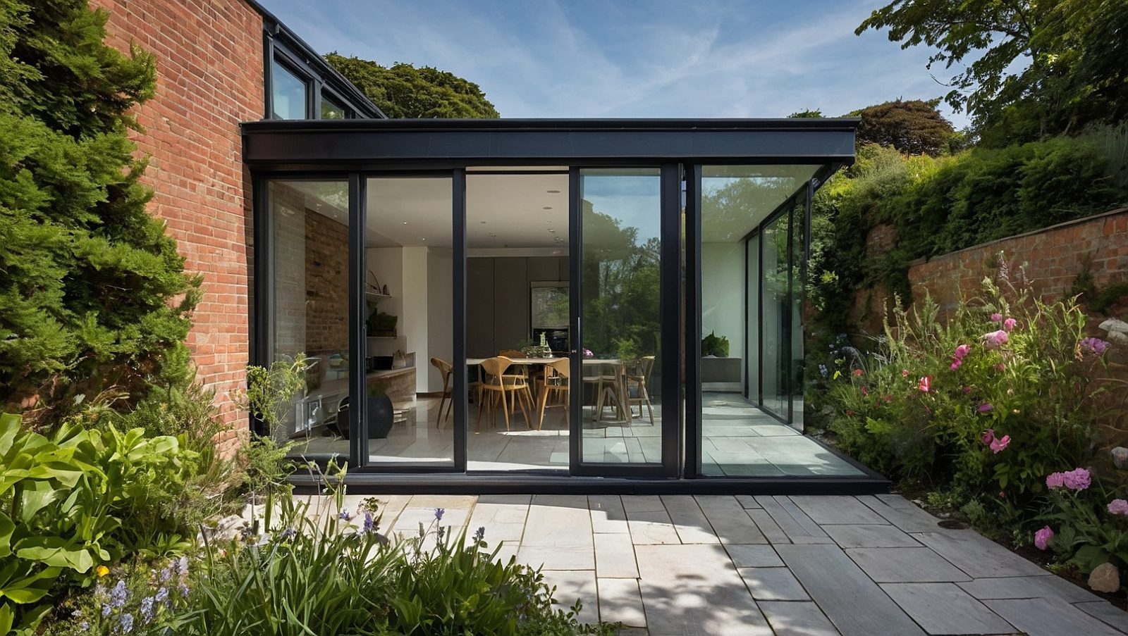 Exterior view of a modern glass extension attached to a brick house in South Devon. The extension features floor-to-ceiling glass panels framed in sleek black metal, seamlessly integrating with the house's architecture. The interior reveals a dining area with wooden chairs, and the surrounding garden is lush with vibrant plants and flowers. The scene is set on a sunny day, highlighting the contemporary design and energy-efficient double-glazed windows.