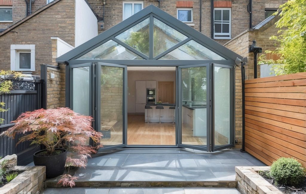 Exterior view of a traditional brick house with a modern glass extension featuring aluminium bifold doors and a gable roof. The extension opens up to reveal a contemporary kitchen with bar stools and an island. The surrounding garden includes a paved patio, a potted Japanese maple tree, and wooden fencing, creating a blend of traditional and modern design elements under sunny weather.