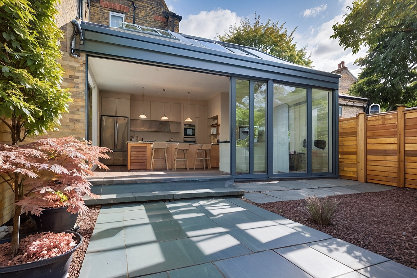 Exterior view of a traditional brick house with a modern kitchen extension featuring aluminium bifold doors. The extension has a gable roof with glass panels, and the bifold doors are fully open, revealing a contemporary kitchen with bar stools and an island. The garden area includes a paved patio, potted plants, and wooden fencing, creating a harmonious blend of traditional and modern elements under sunny weather.