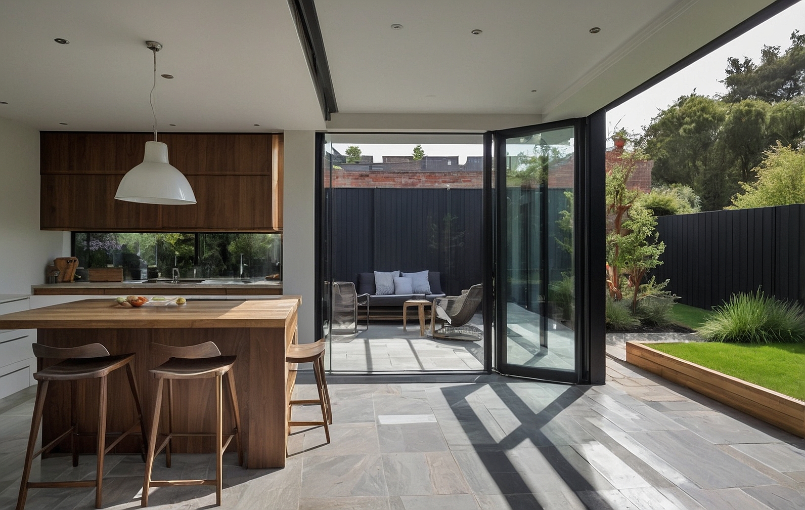 Interior view of a modern kitchen with open bifold doors leading to a garden patio. The bifold doors are fully open and folded to the side, creating a seamless connection between the indoor and outdoor spaces. The kitchen features a wooden island with bar stools, pendant lighting, and a view of the garden with seating and greenery. The scene highlights the contemporary design and the integration of indoor and outdoor living.