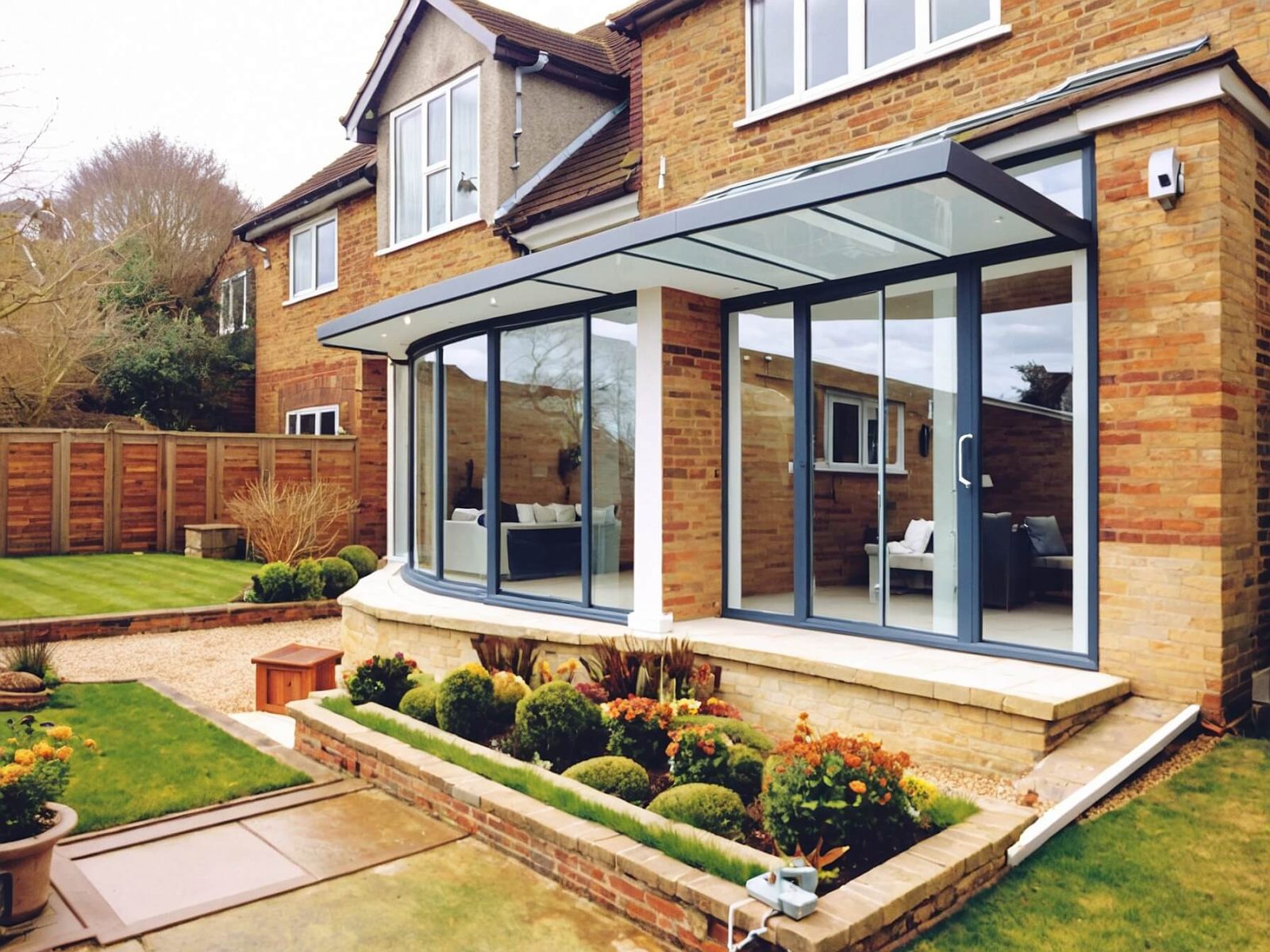 Exterior of a modern orangery with large glass panels and brick base attached to a home in Devon, UK, on a summer day.