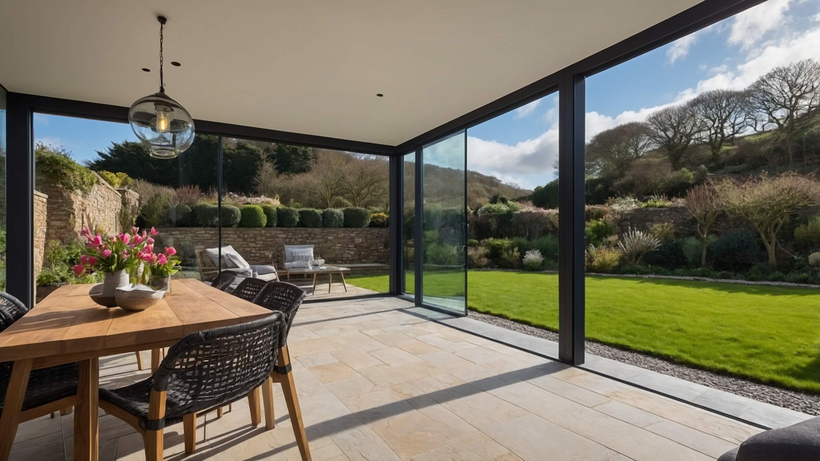 Modern glass extension with dining area overlooking a lush garden.