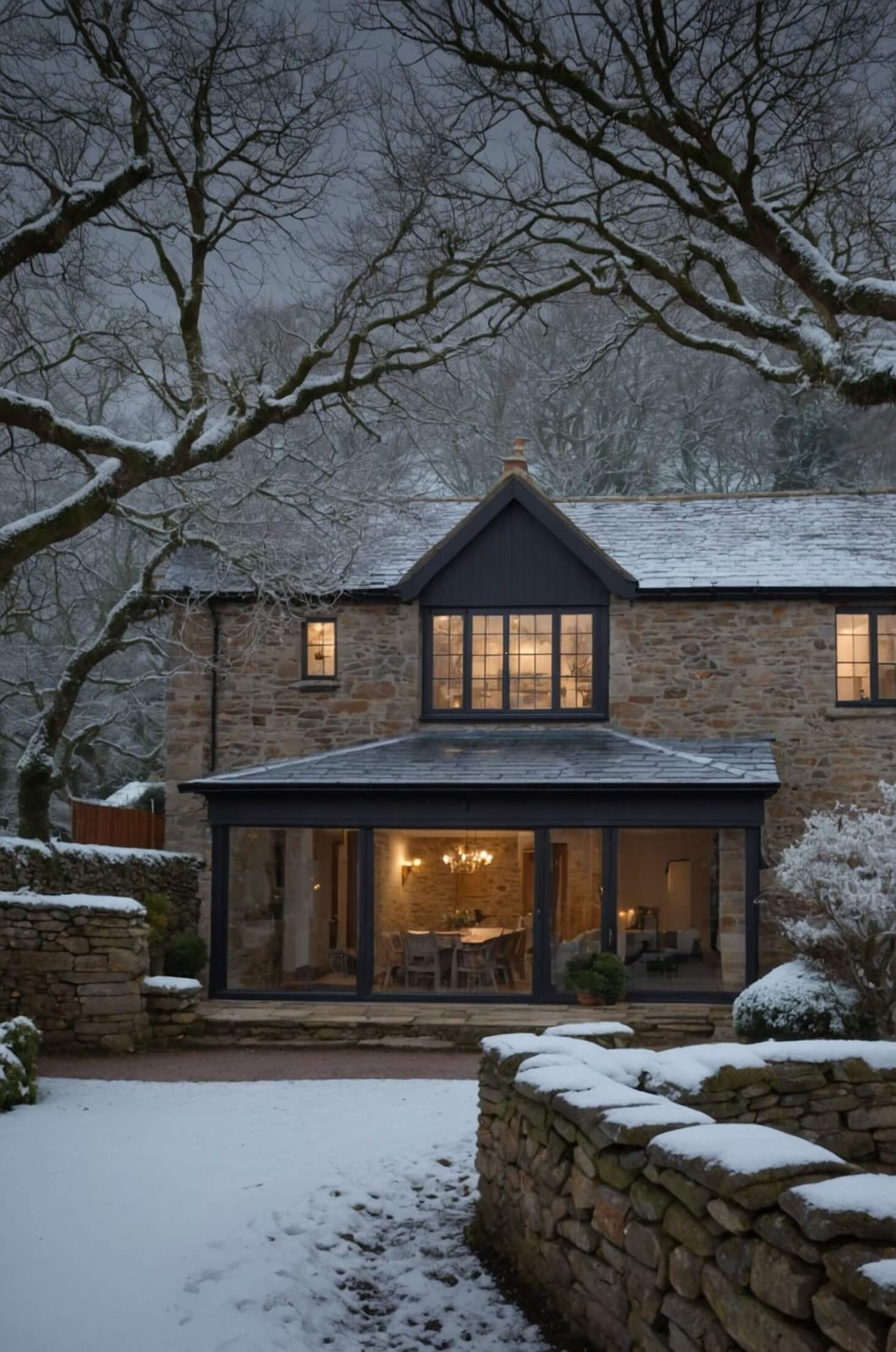 Traditional Devon home with a modern extension, framed by snow-covered trees in winter.