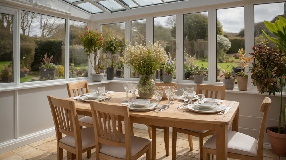 A small conservatory in Devon with a wooden dining table set for entertaining, surrounded by garden views and natural light through a glass roof. This image reflects the page's focus on bespoke conservatory designs that optimise small spaces for practical use.