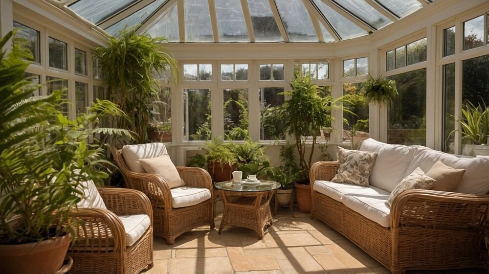 A small conservatory in Devon filled with potted greenery, wicker furniture, and natural light from a glass roof. This image showcases a tranquil and inviting space, aligning with the page's focus on bespoke conservatory designs that improve living areas.