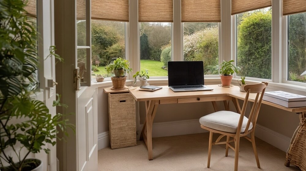 A small conservatory home office in Devon featuring a wooden desk, ergonomic chair, and potted plants with large windows overlooking a garden. This image highlights the functional and aesthetic use of a conservatory as a productive workspace, aligning with the page’s focus on bespoke conservatory designs.