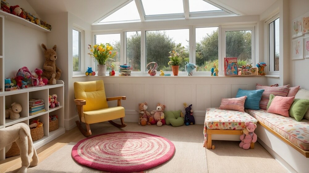 A small conservatory playroom in Devon featuring large glass windows, child-friendly shelving, colourful cushions, toys, and a vibrant rug. This image demonstrates a practical and stylish design for a compact conservatory, aligning with the page's focus on functional and bespoke conservatory spaces.