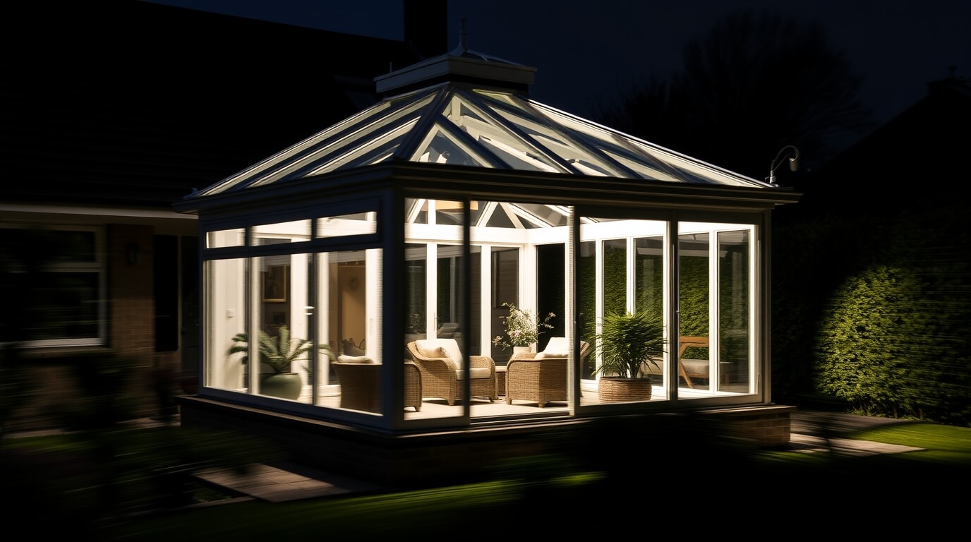 A modern lean-to conservatory with a sloped glass roof and minimalist white frames, attached to a bungalow. Features neutral-toned furniture, potted plants, and a well-manicured garden.