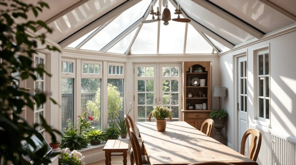 A small gable-end conservatory with a high, pitched glass roof, featuring a rustic wooden dining table set for four, pendant lighting, and views of a blooming garden.