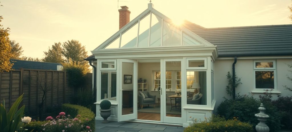 A small gable-end conservatory with a high-pitched glass roof, French doors, and white window frames, attached to a modern bungalow. The conservatory overlooks a manicured garden with blooming flowers and lush greenery, bathed in warm summer sunlight.